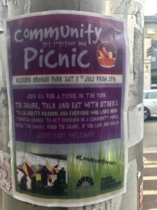 Community Picnic flyer on electric pole in Kilburn